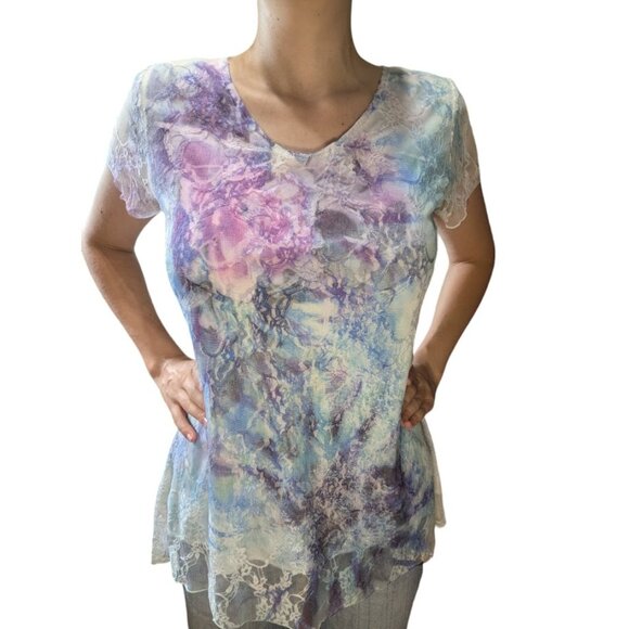 Brittany Black | NWOT Lace Overlay Abstract Floral Blouse Top | Size: M - Picture 4 of 14